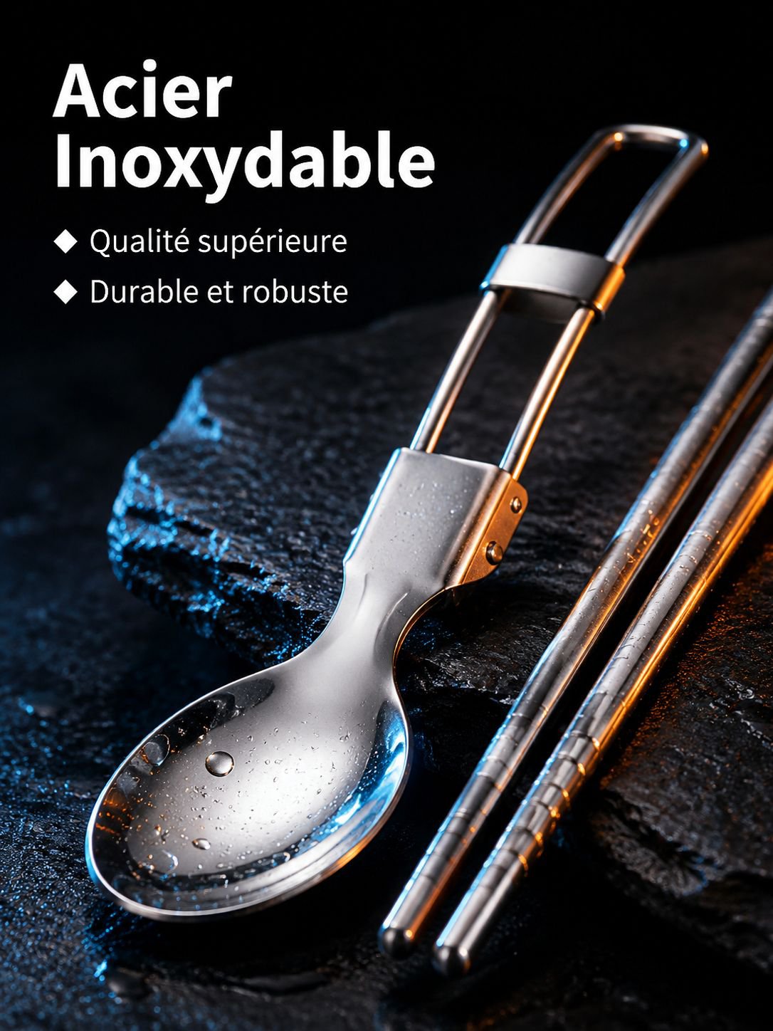 Kit de couverts pliables en acier inoxydable 304 pour le voyage, avec baguettes détachables