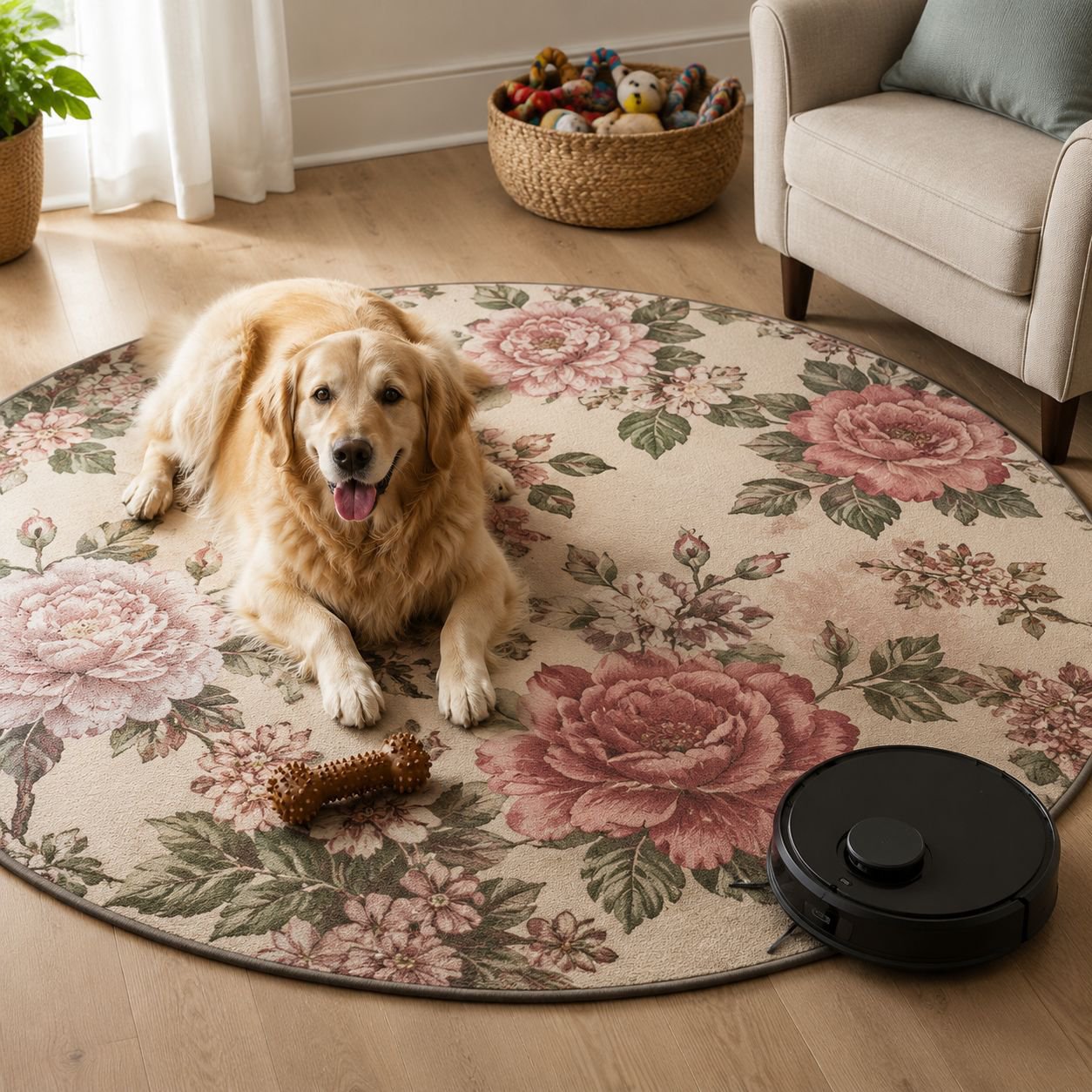 Country Style Floral Rose Round Floor Mat for Balcony, Living Room, and Coffee Table