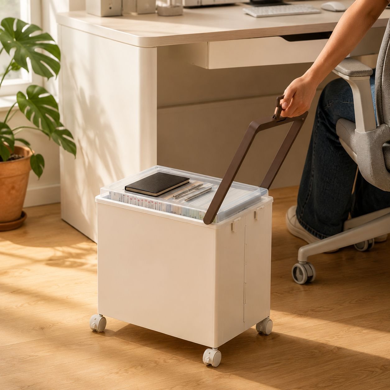 Portable under-desk trolley with wheels and lid for storing books, snacks, and other items; a foldab