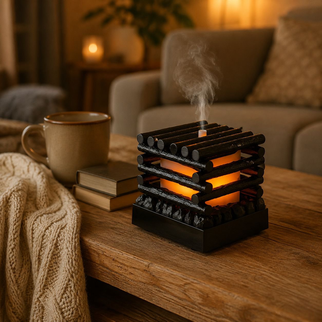 Desktop Flame Aroma Diffuser, Wooden Style Home Humidifier, USB Portable Air Purifier