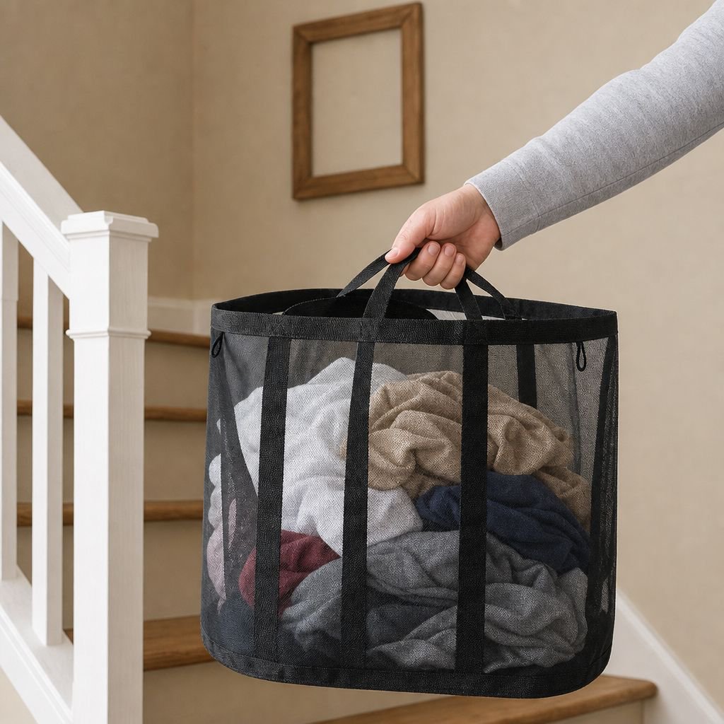 Space-saving collapsible laundry basket in modern bathroom