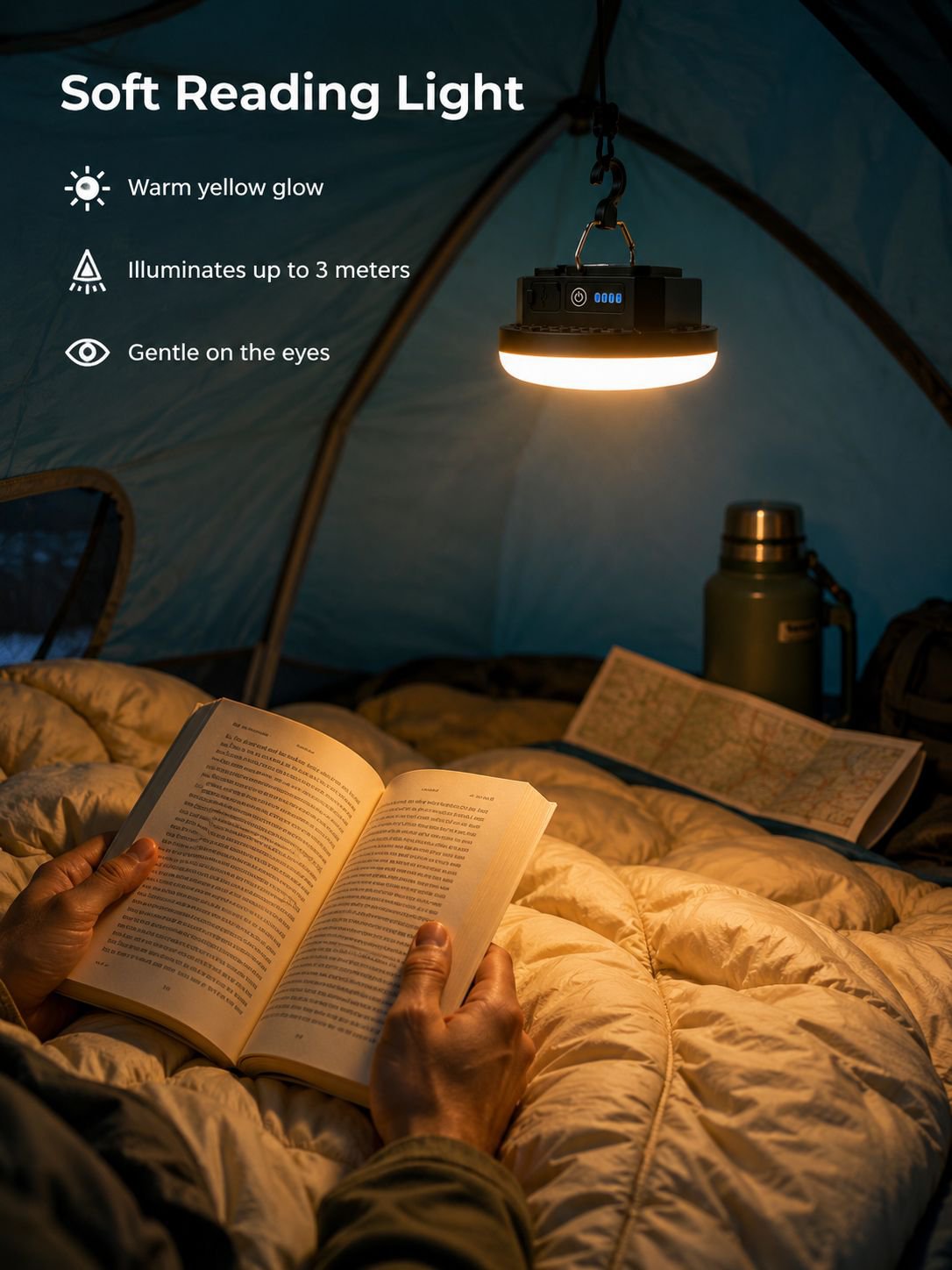 Multifunctional Portable Tent Lamp illuminating a camping tent