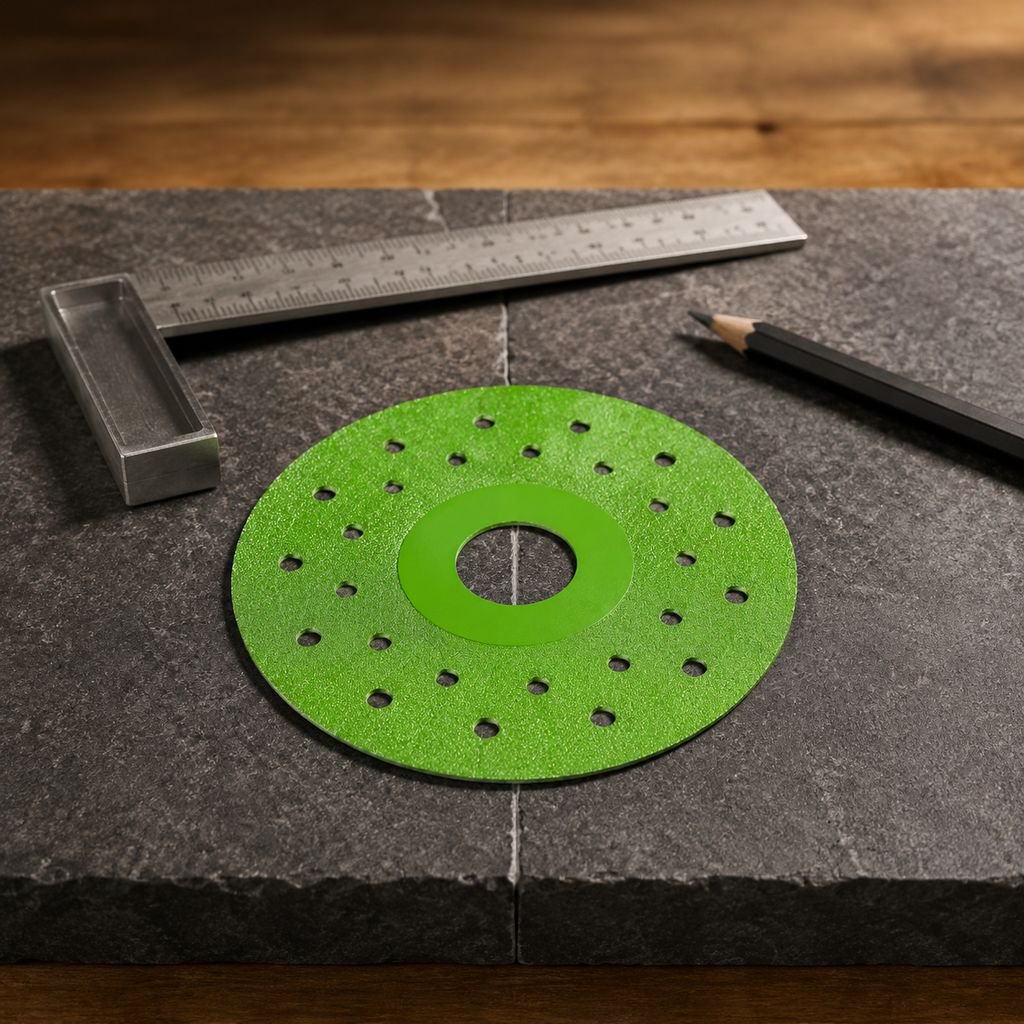 Special cutting blade slicing through sandstone slab