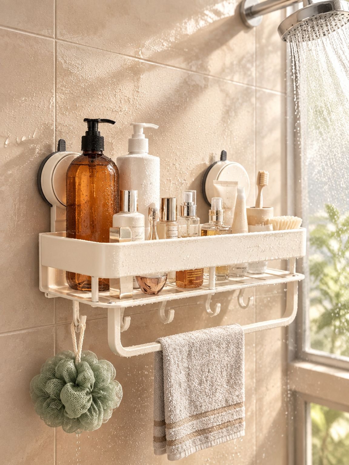 Estante de baño con ventosa estilo crema instalado en pared