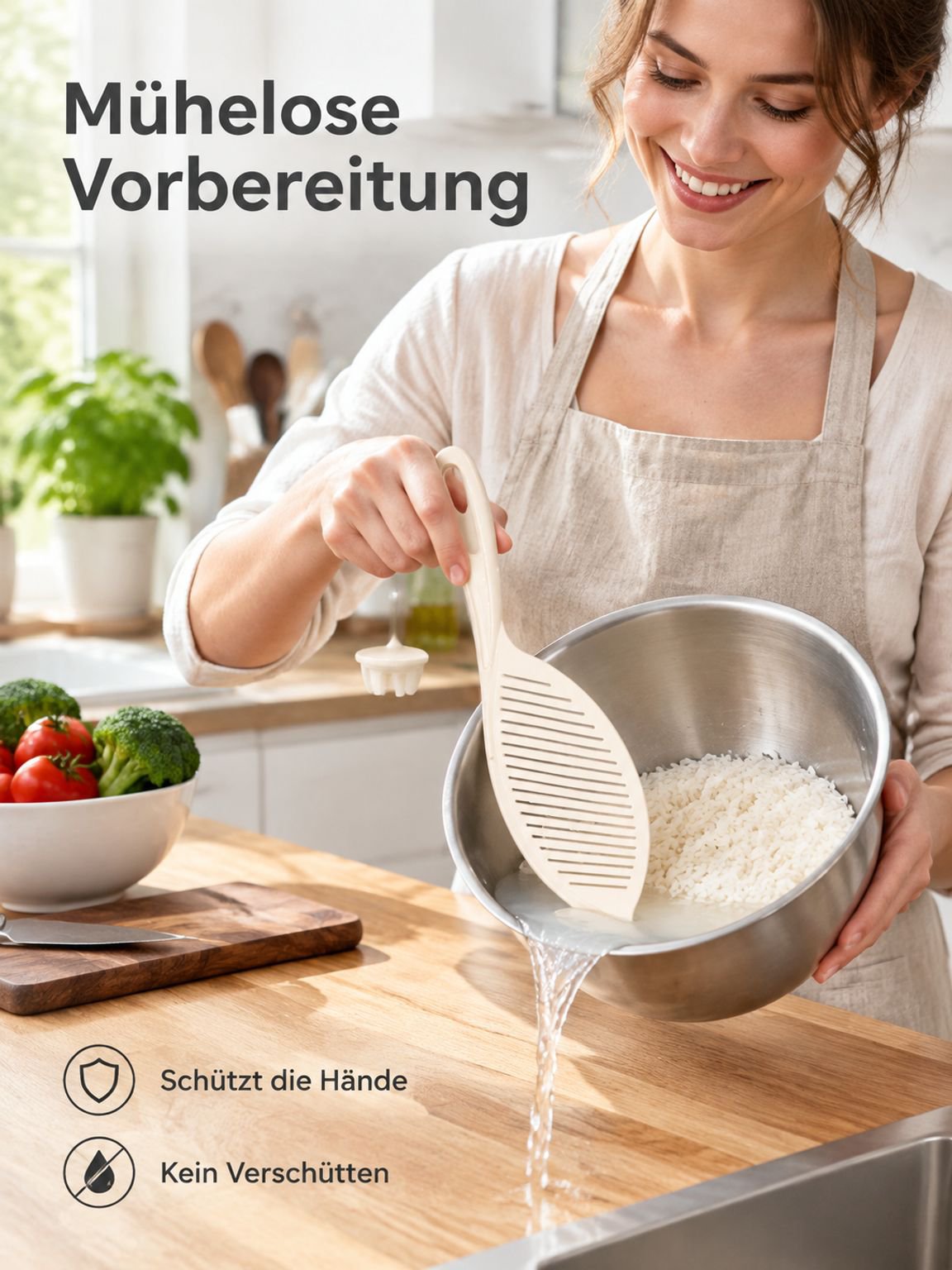 Kälteschutz-Reiswaschhilfe: Spritzschutz für schnelles Abspülen und Abgießen