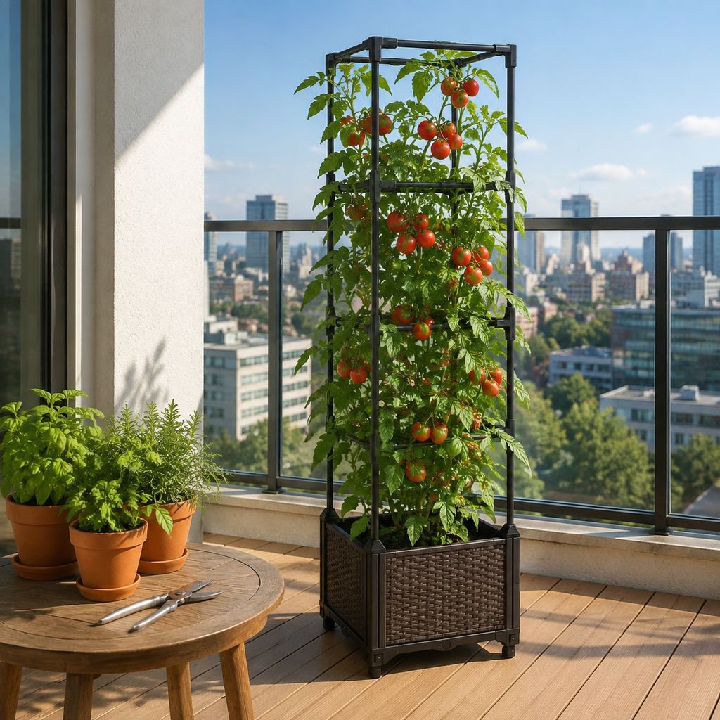 Caja para verduras y flores con soporte de enrejado