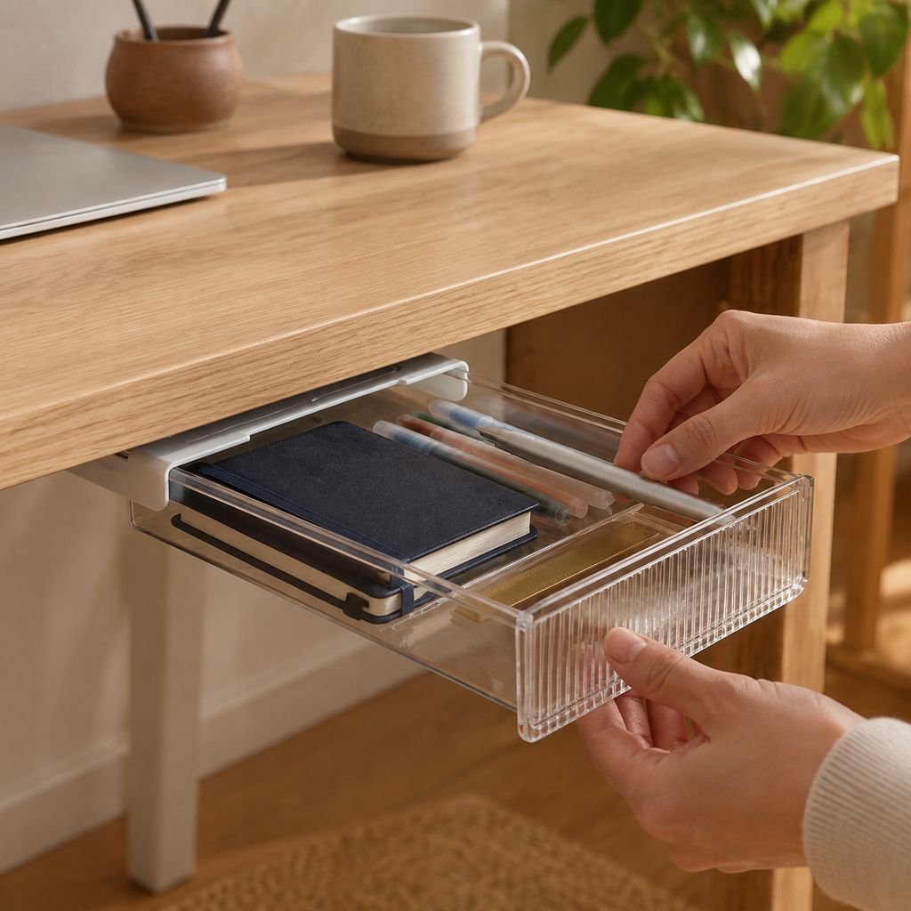 Hidden Desktop Organizer Box, No Installation Needed, with Pen Slot