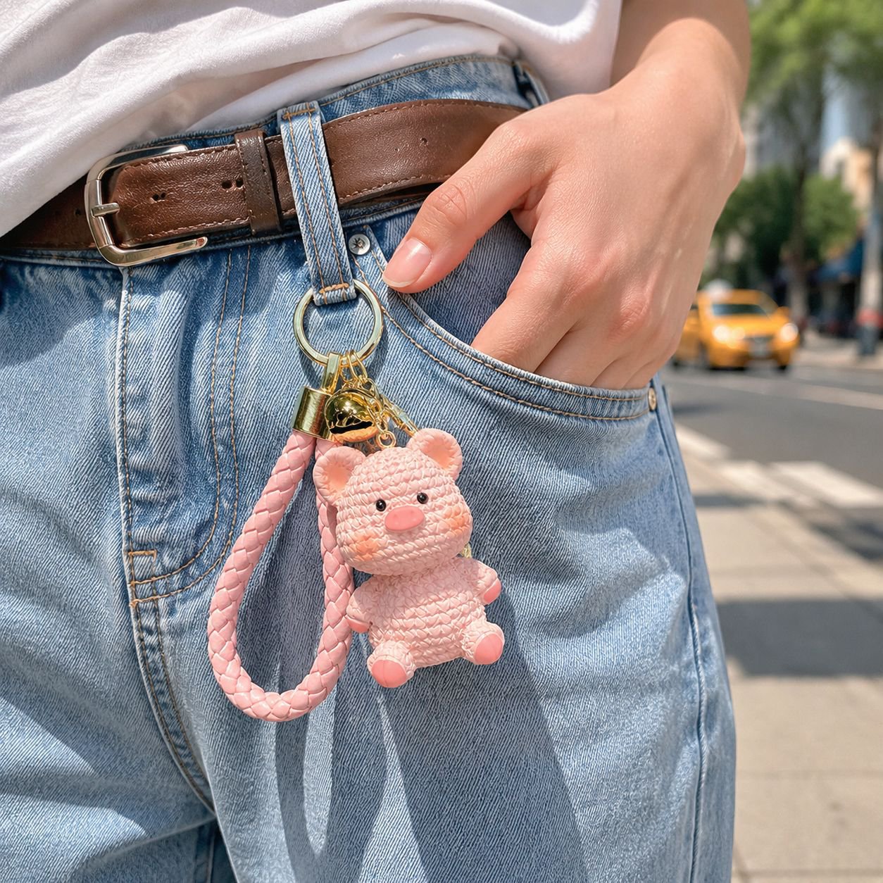 Resin pig keychain with gold keyring detail