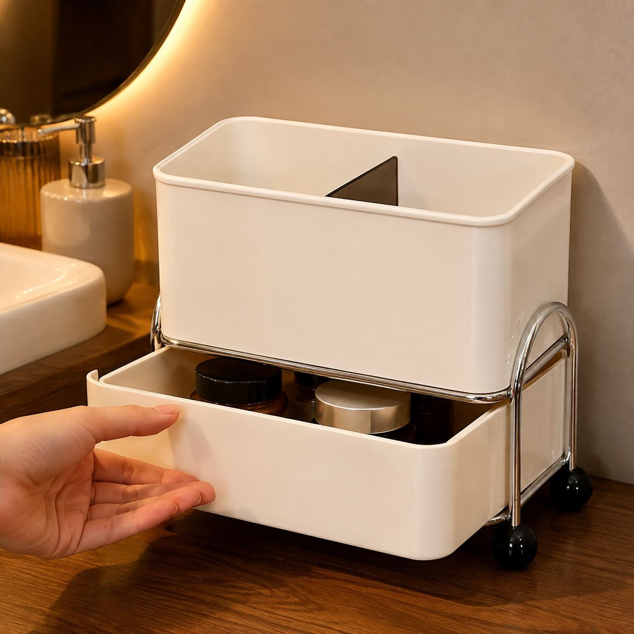 Close-up of desktop organizer compartments