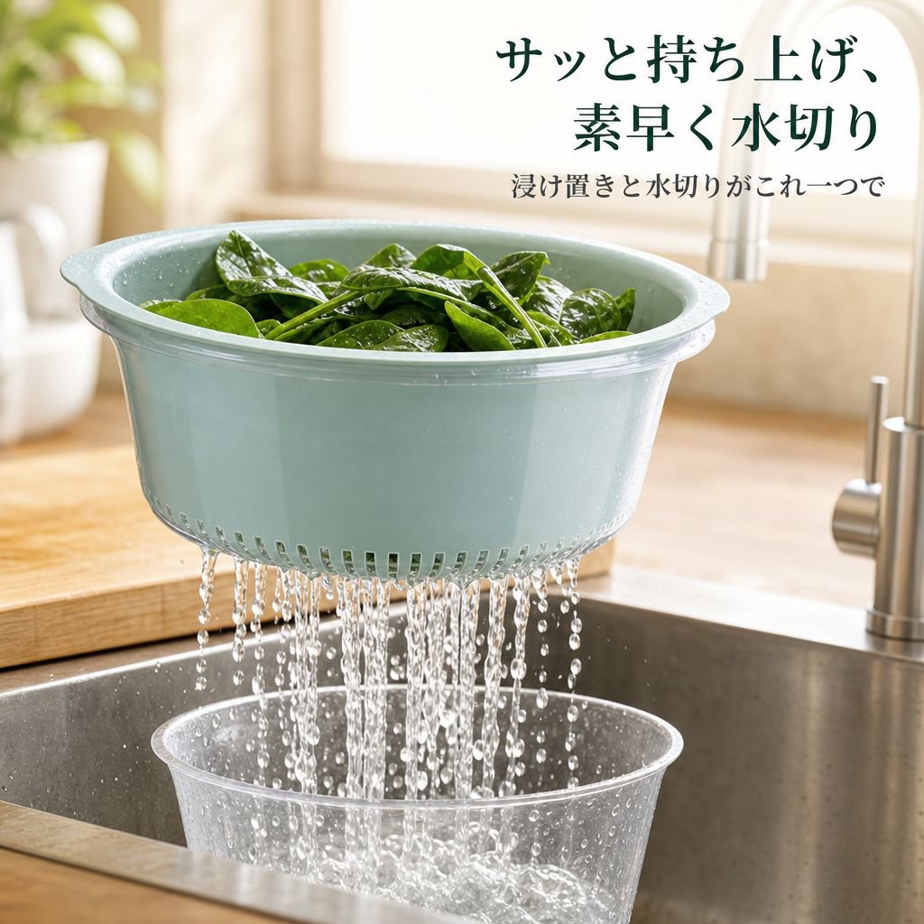 透明二重構造の野菜・果物洗いボウル便利グッズ