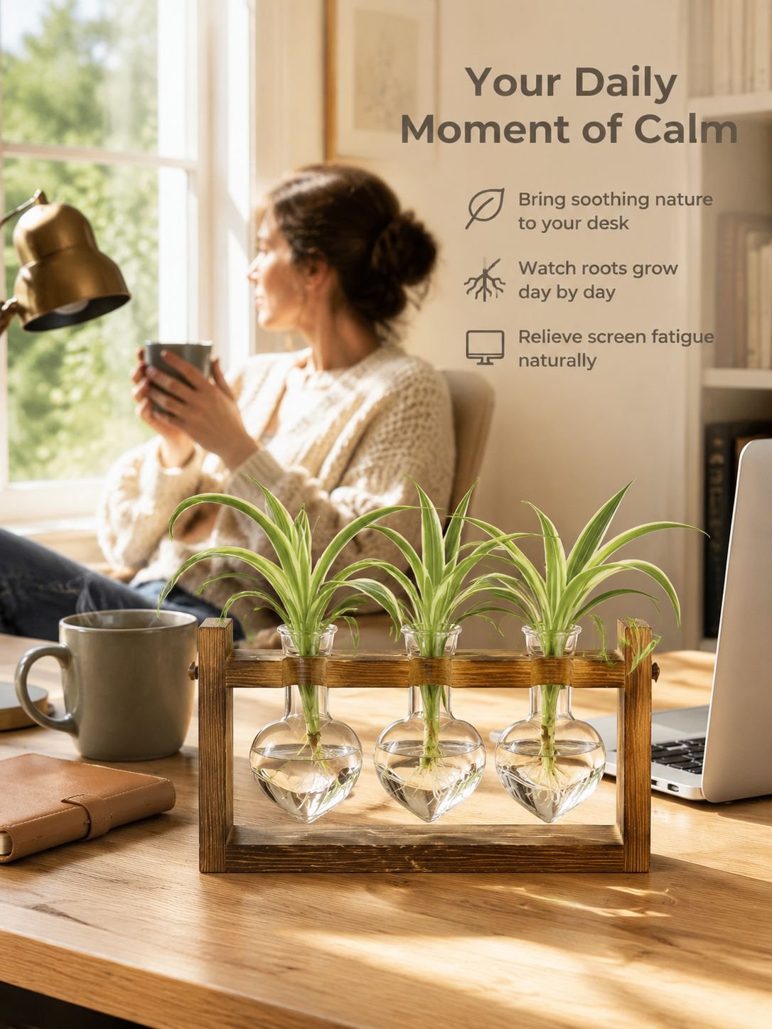 Indoor plant holder with wooden base and glass vase