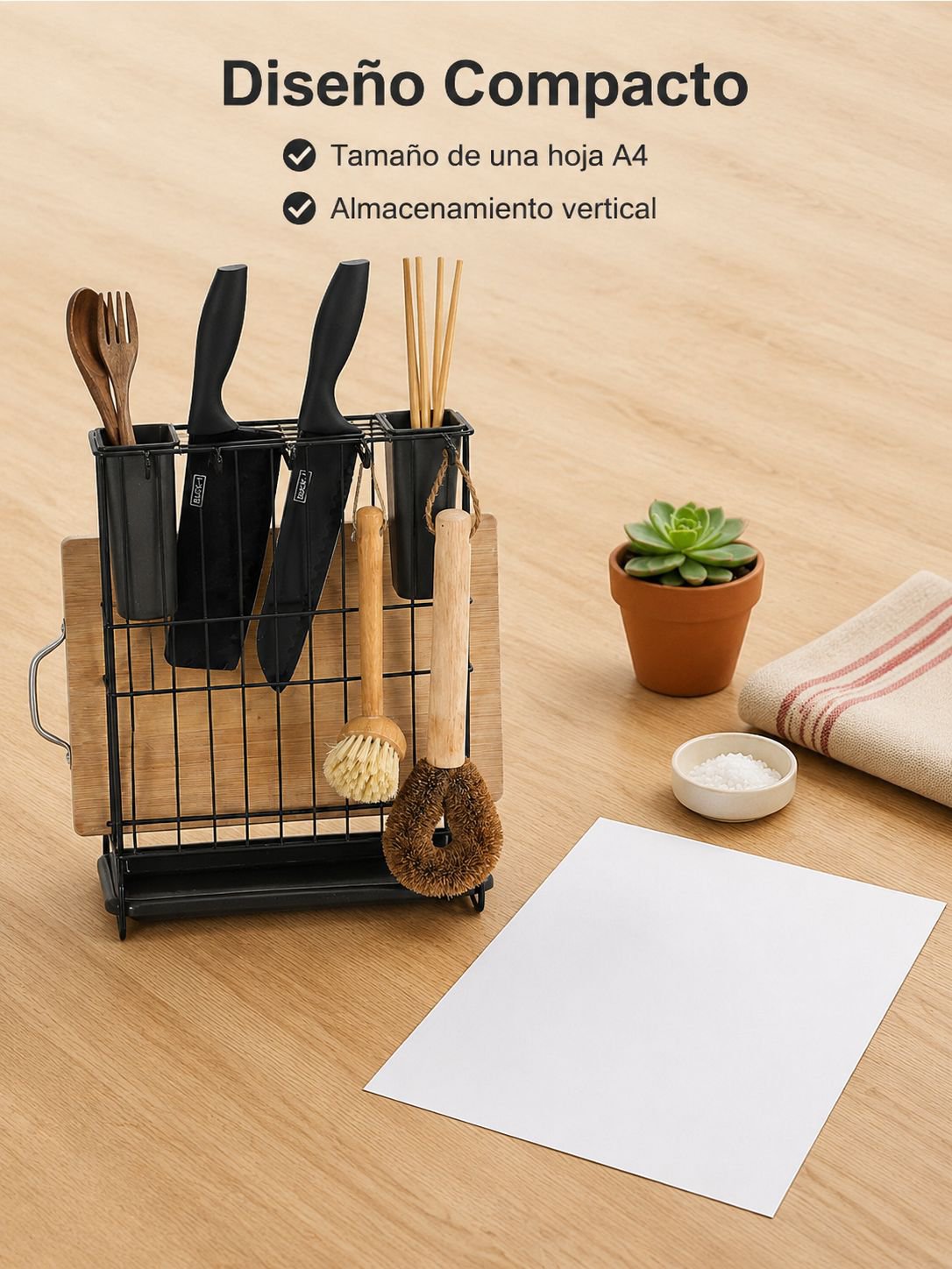Soporte doméstico para cucharas con tabla de picar