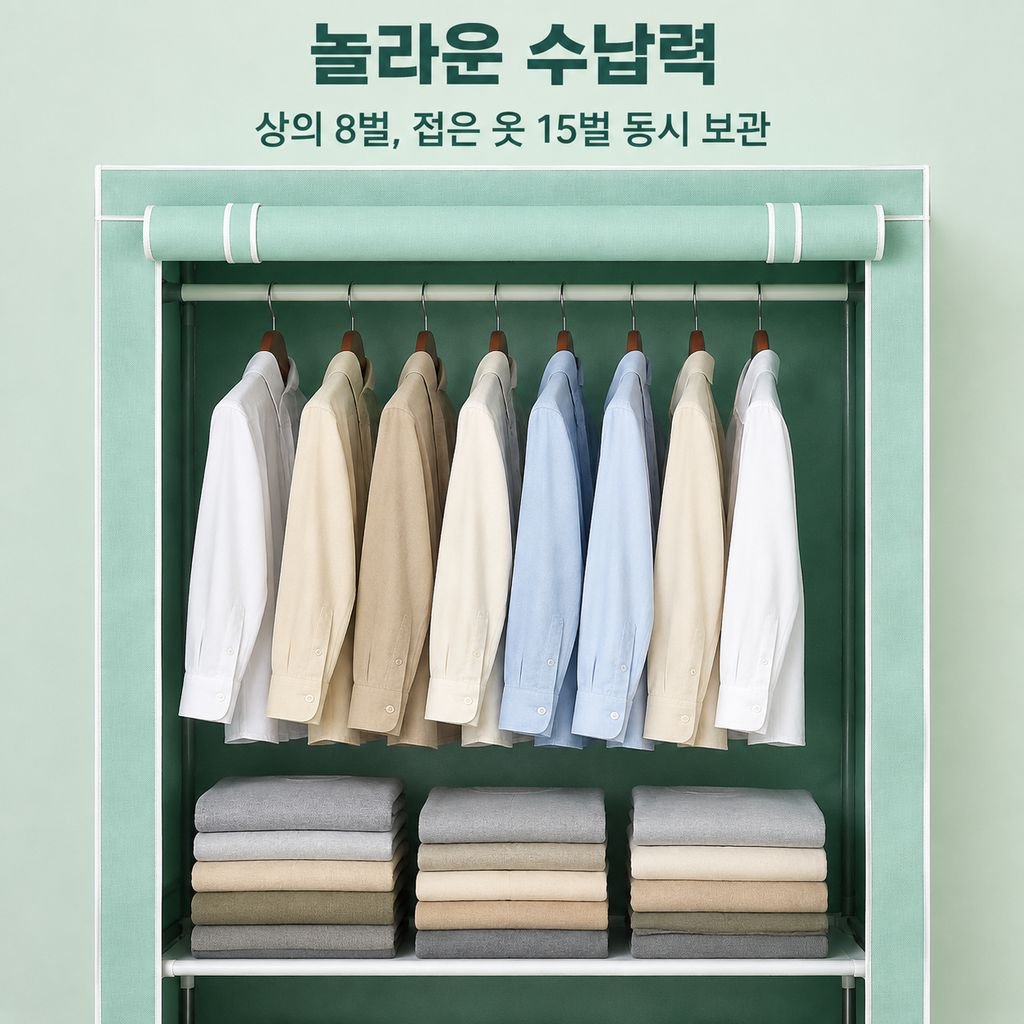 두껍고 보강된 강철 파이프를 사용한 1인용 패브릭 옷장.