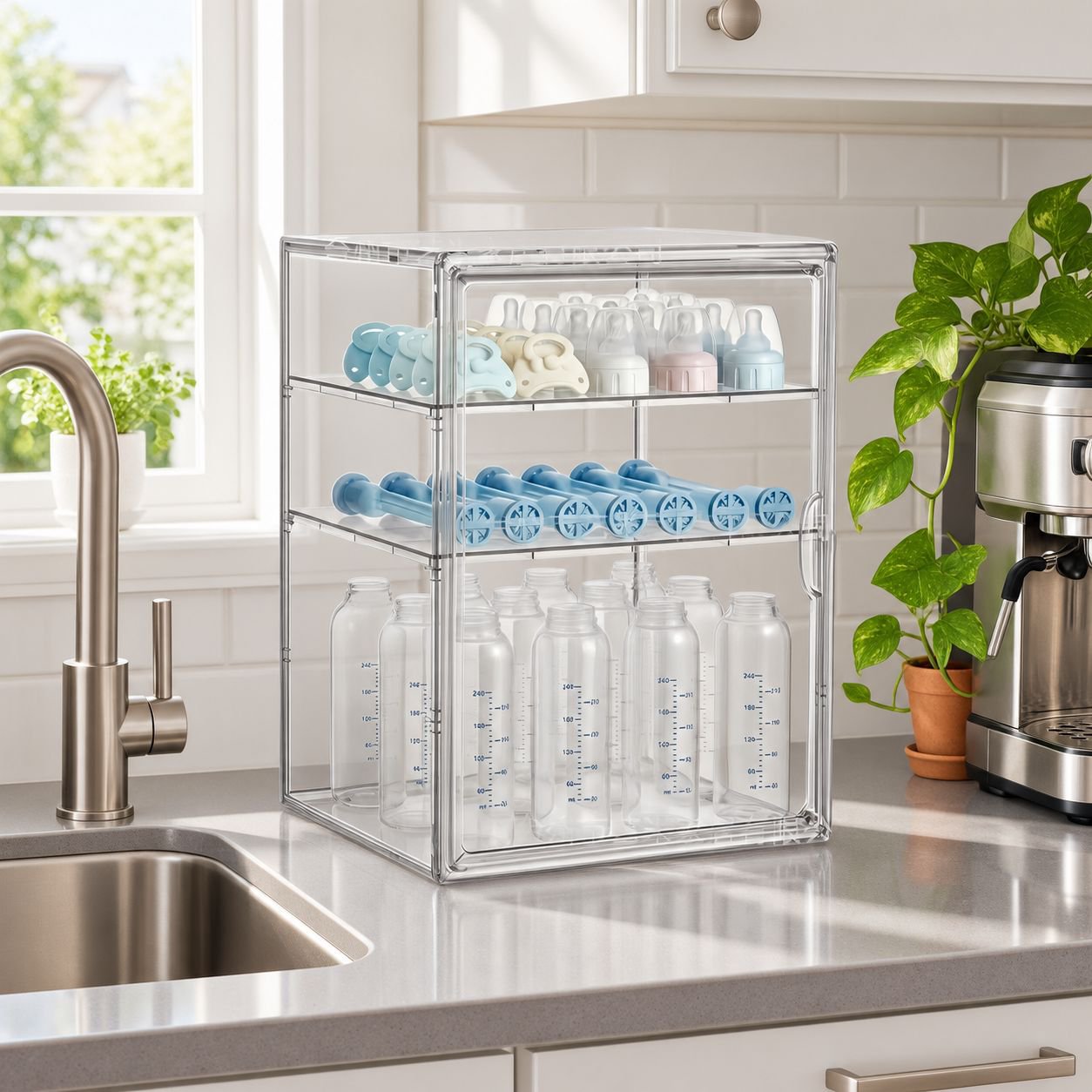 Nursery organizer cabinet for baby bottles and essentials