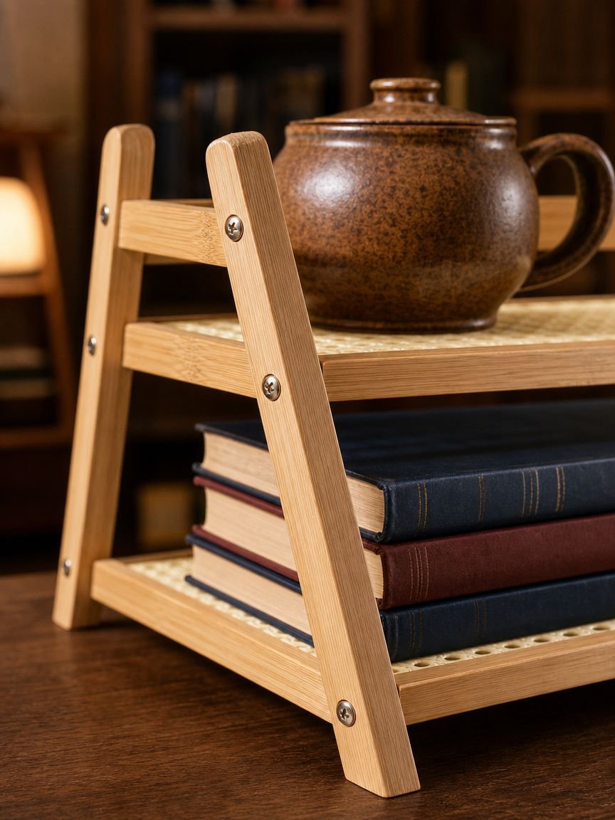 Space-saving desktop shelf made of plastic rattan