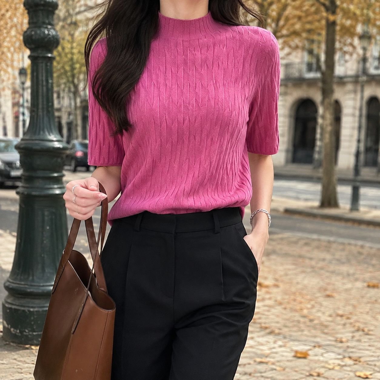 T-shirt d'été femme à manches courtes en maille fine côtelée