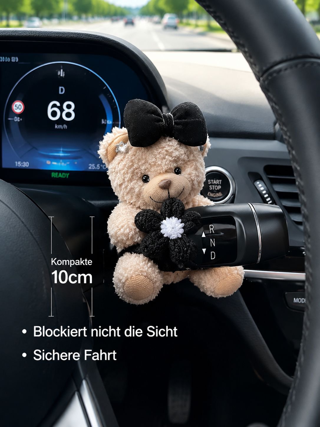 Niedlicher, bärenförmiger Schalthebel, Lenkrad und Scheibenwischerarm als dekoratives Ornament