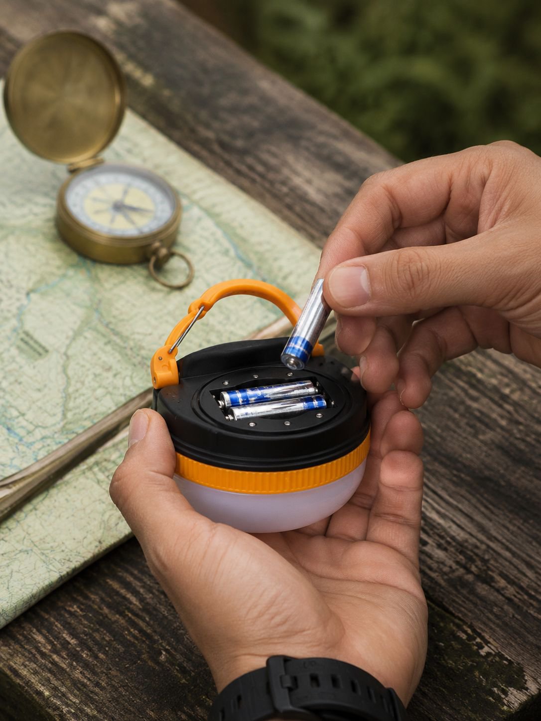 USB charging cable connected to camping lamp