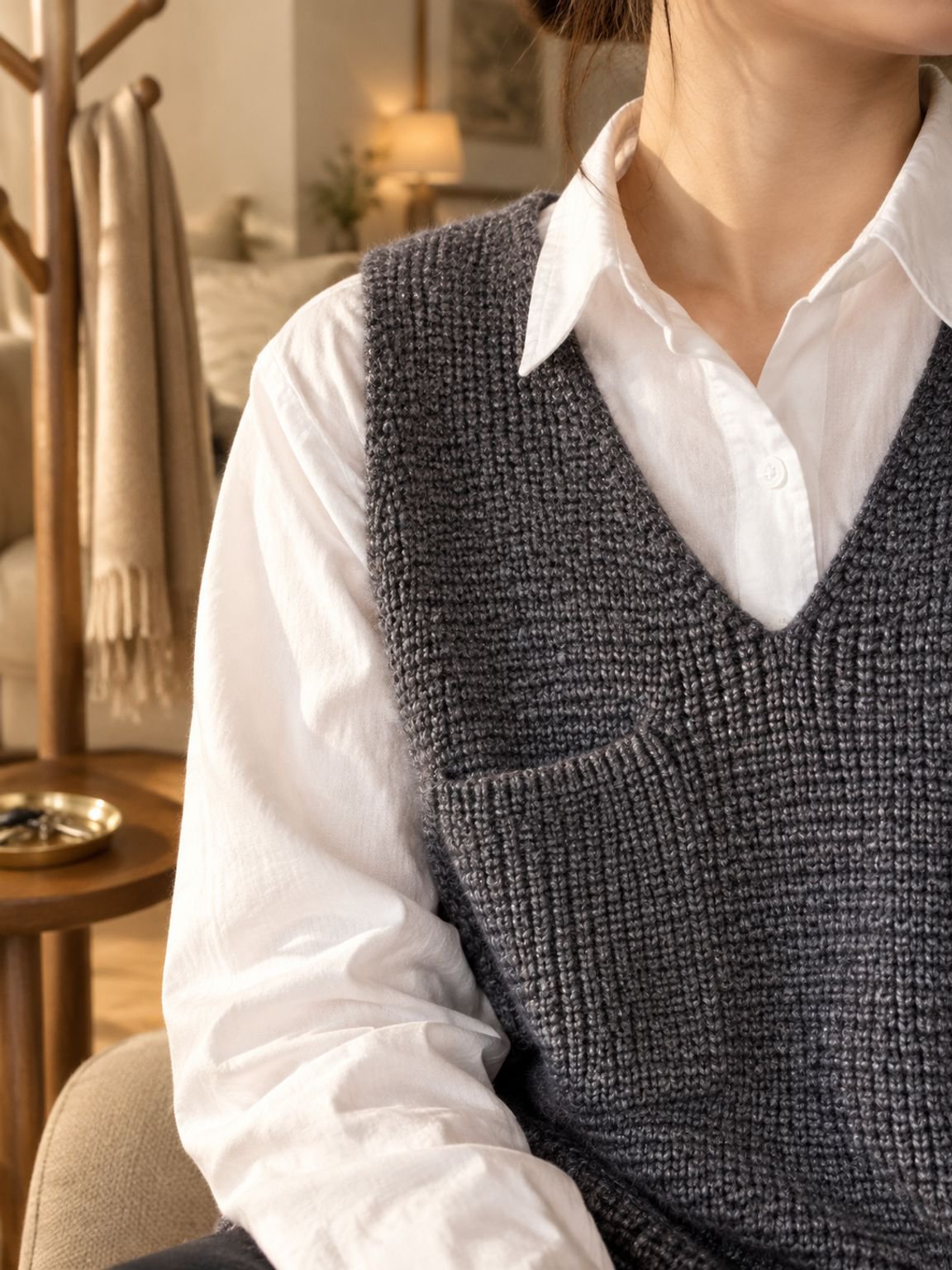 Japanese style women's sweater vest with deep V-neck and pockets