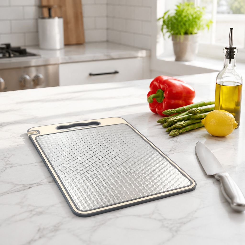 304 Stainless Steel Antibacterial Double-Sided Cutting Board with Knife Sharpener for Home Kitchen
