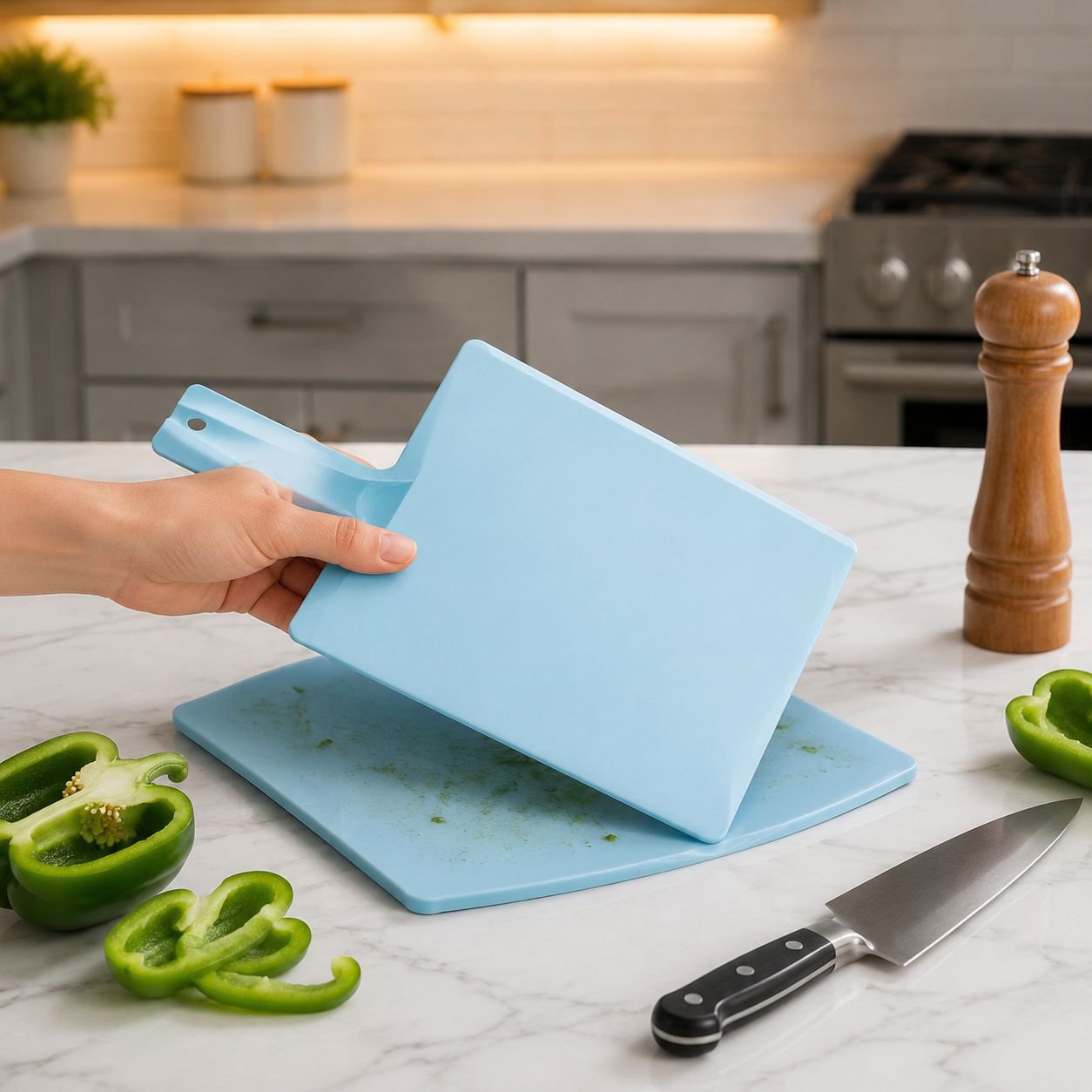 Portable cutting board with ergonomic handle