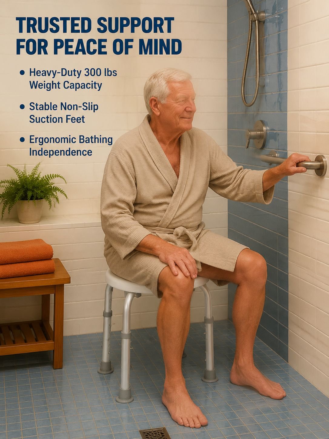 Non-slip bathroom stool with rubber feet for seniors