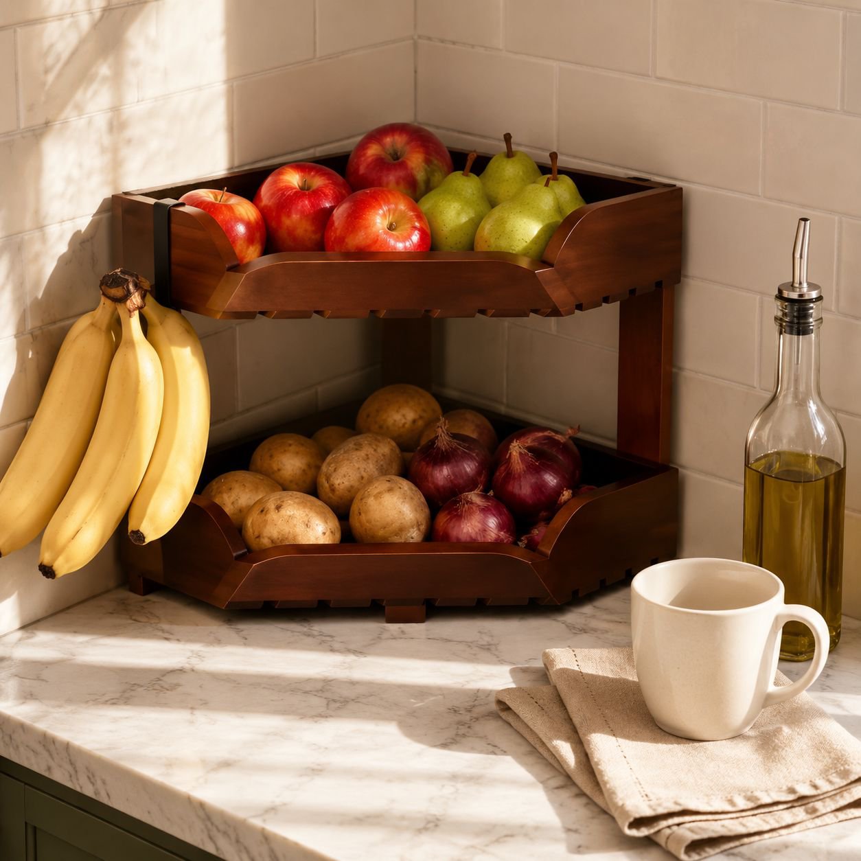 Étagère d’angle à deux niveaux pour fruits et légumes
