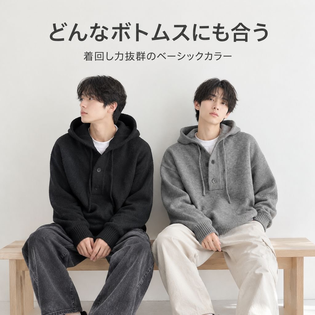 秋冬ゆったりルーズシルエットハーフボタンニット