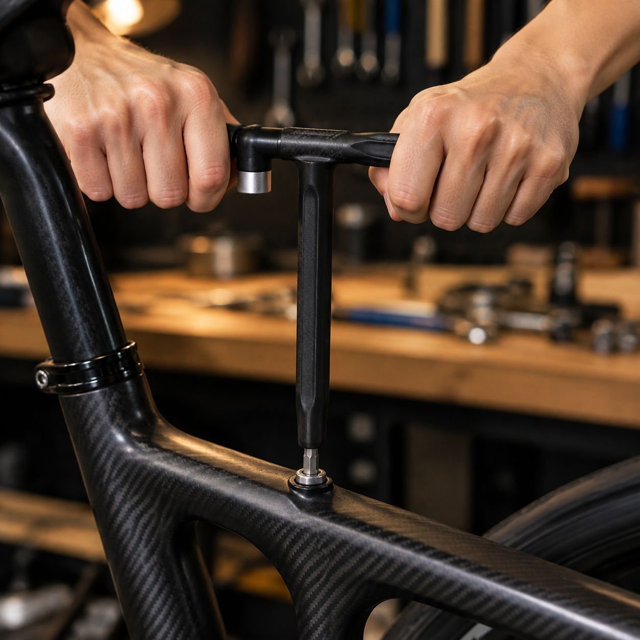 自転車メンテナンス中のトルクレンチ使用例
