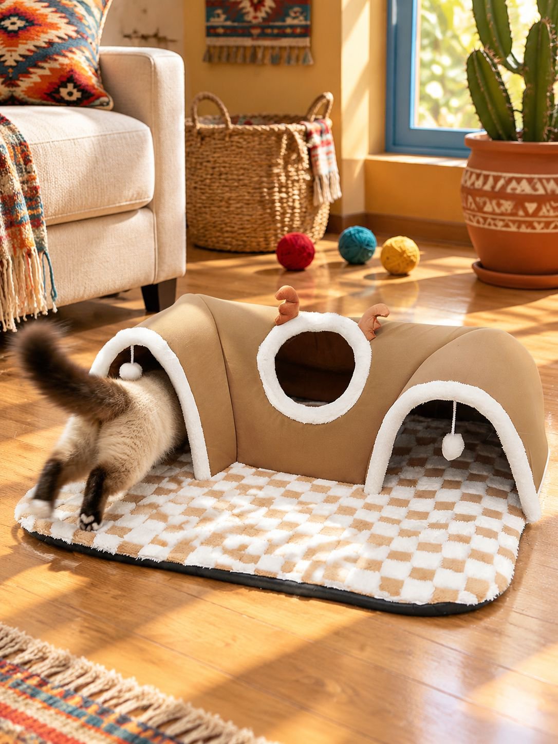 Accesorio esencial para gatos, cueva con túnel y cama en uno