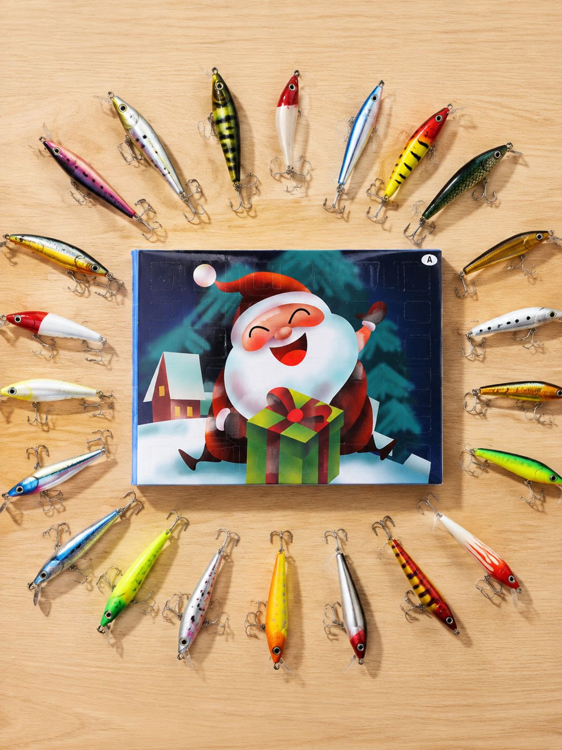 Christmas gift idea featuring a box of assorted fishing lures