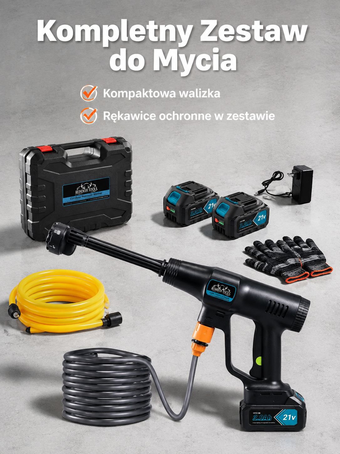 Zestaw 10 bezszczotkowych pistoletów wysokociśnieniowych (2 baterie + 1 ładowarka + rękawice)