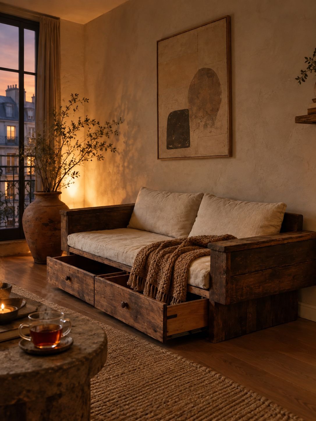 Wabi-Sabi-Sofa mit Schubladen für ein aufgeräumtes Wohnzimmer