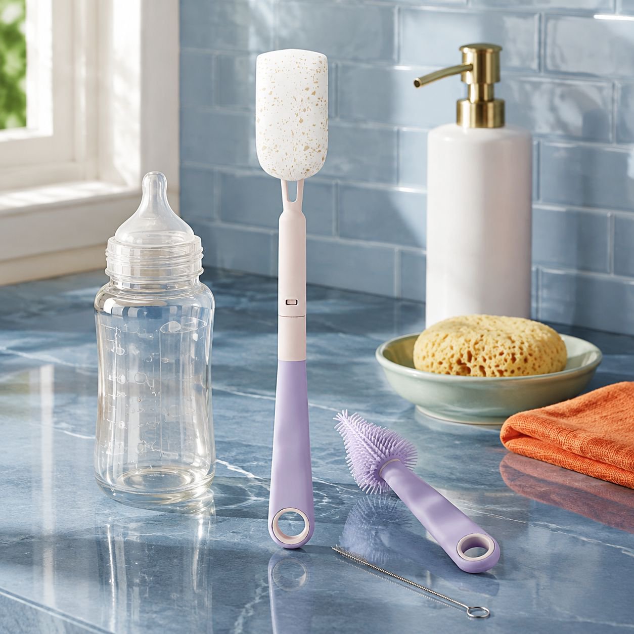 Travel Baby Bottle Brush with Pulp Cotton and Silicone Nipple Brush