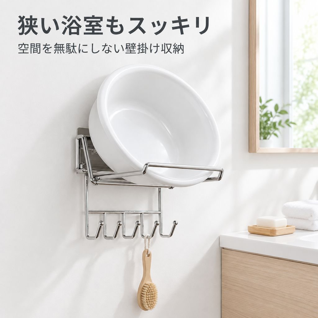 ステンレス製折りたたみ洗面器ラック 穴あけ不要 壁掛け式浴室収納ラック