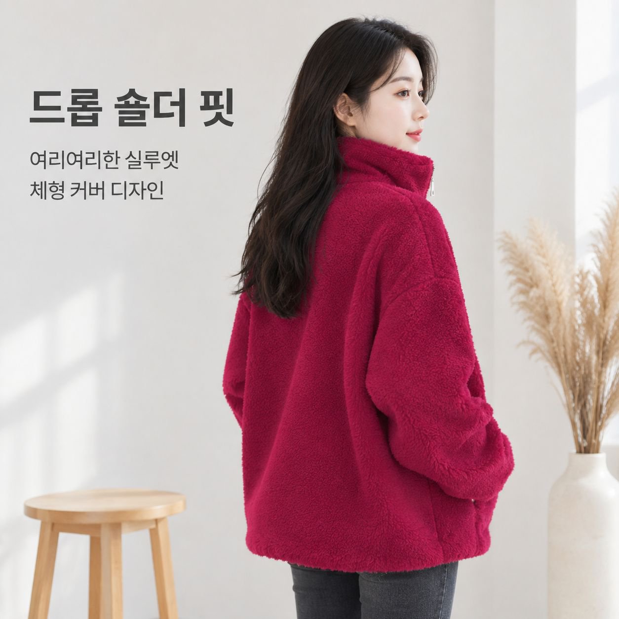 양면 플리스 및 도톰한 안감 적용 여성용 보온 스탠드 칼라 재킷