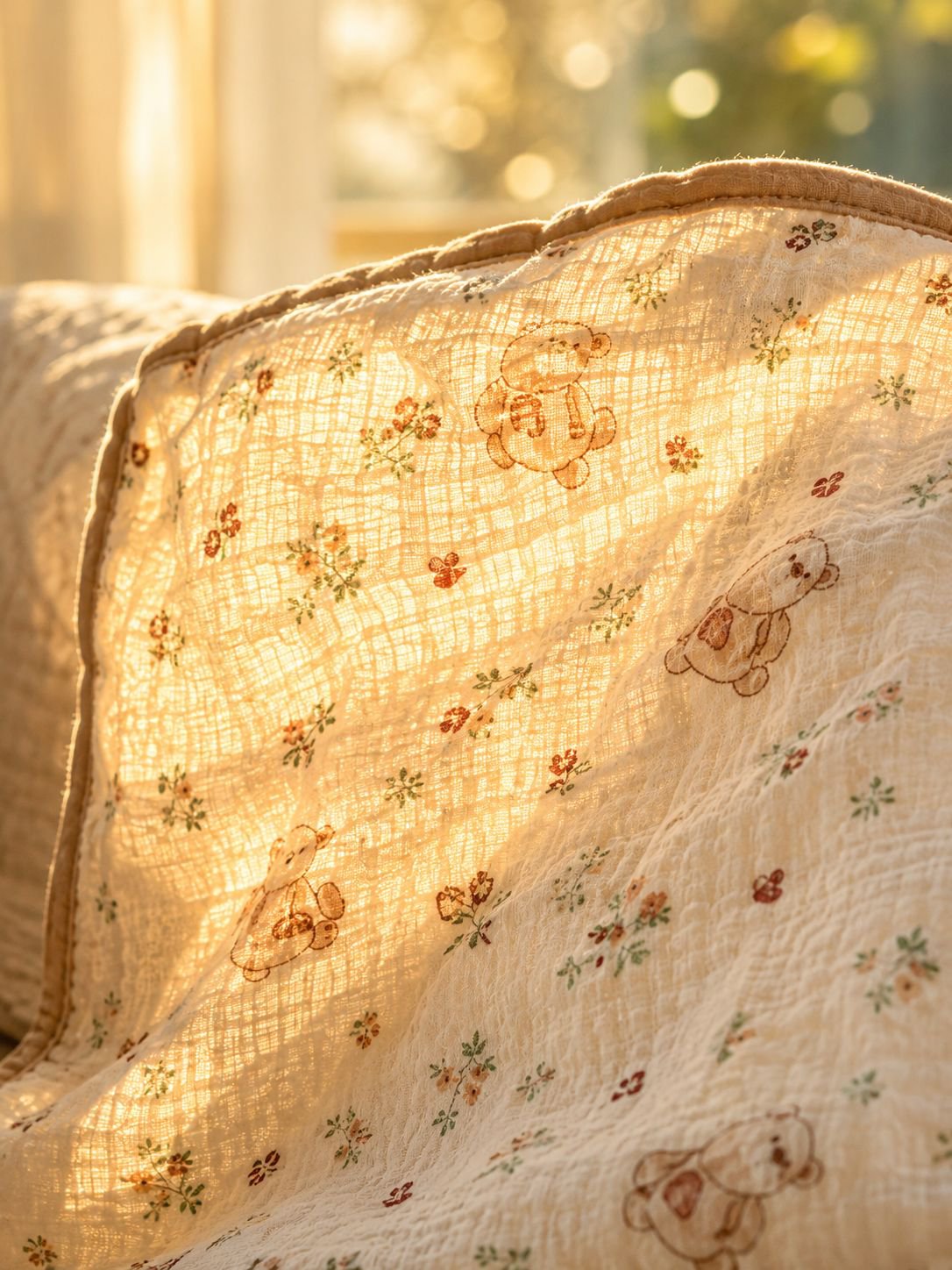 Close-up of breathable washed cotton pillowcase fabric