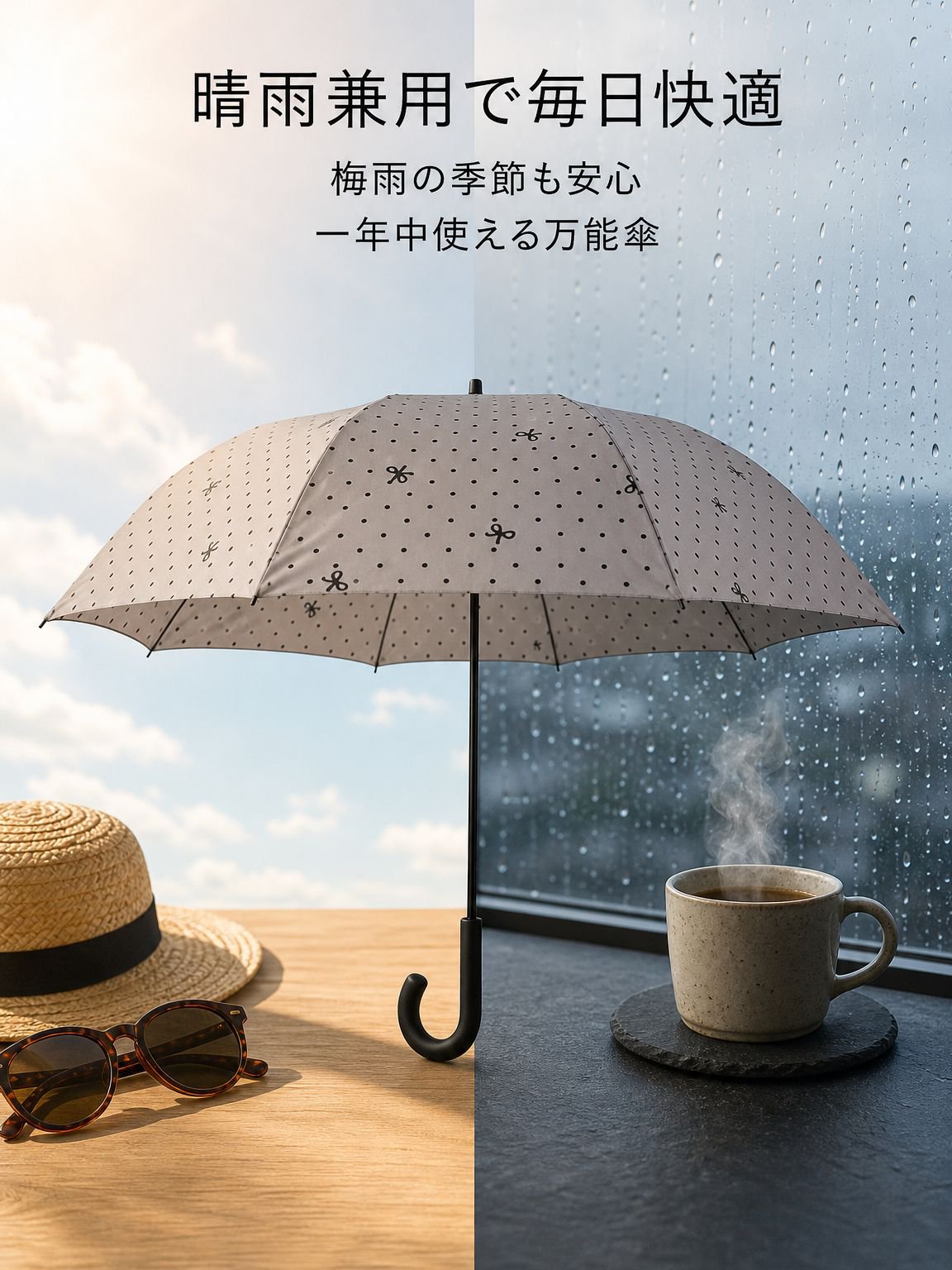 かわいいドットリボン携帯折りたたみ傘 UV対策 晴雨兼用日傘