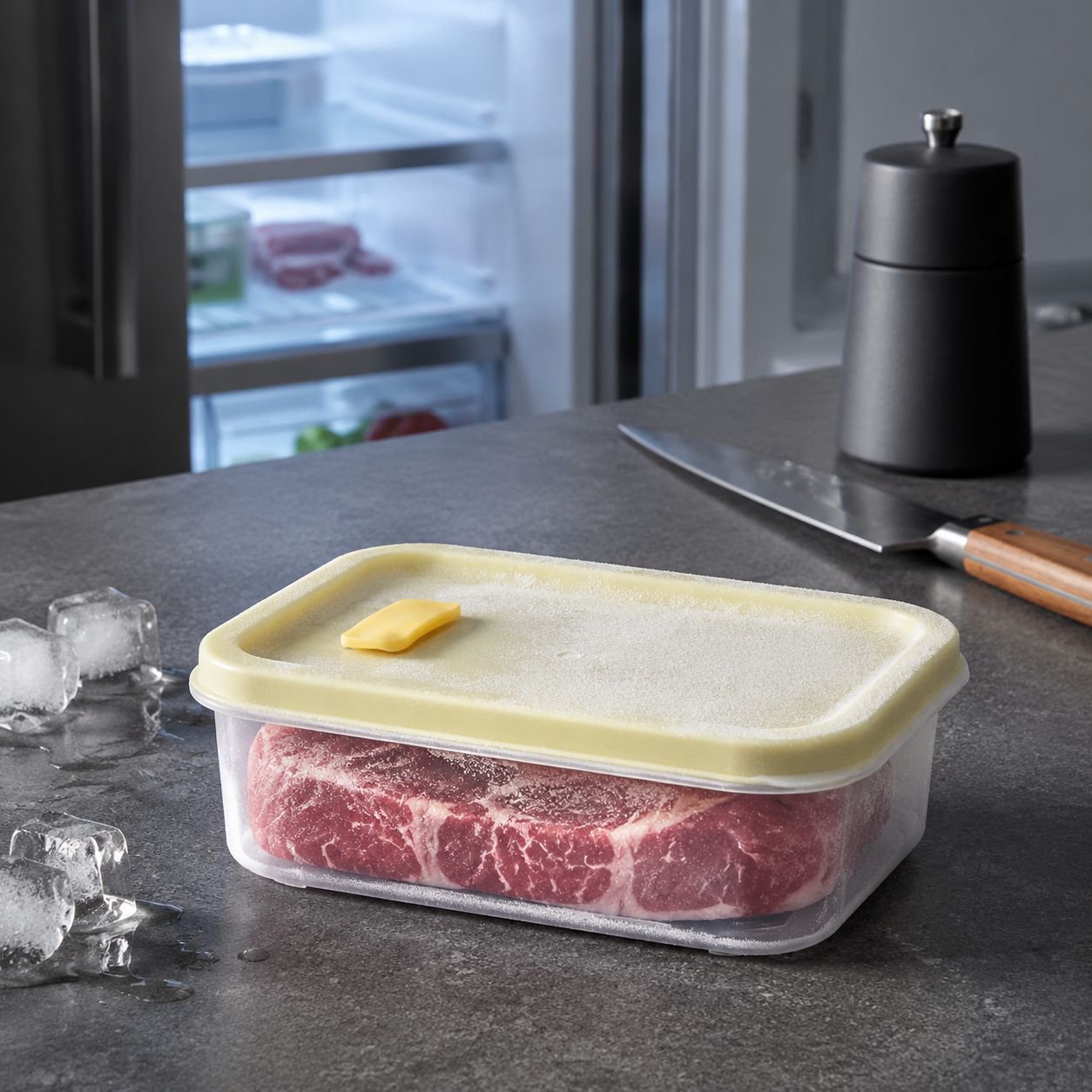 Stackable meat storage container in freezer