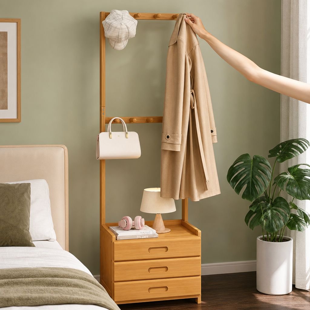 Home Bedroom Bedside Clothes Hanger and Storage Floor Rack