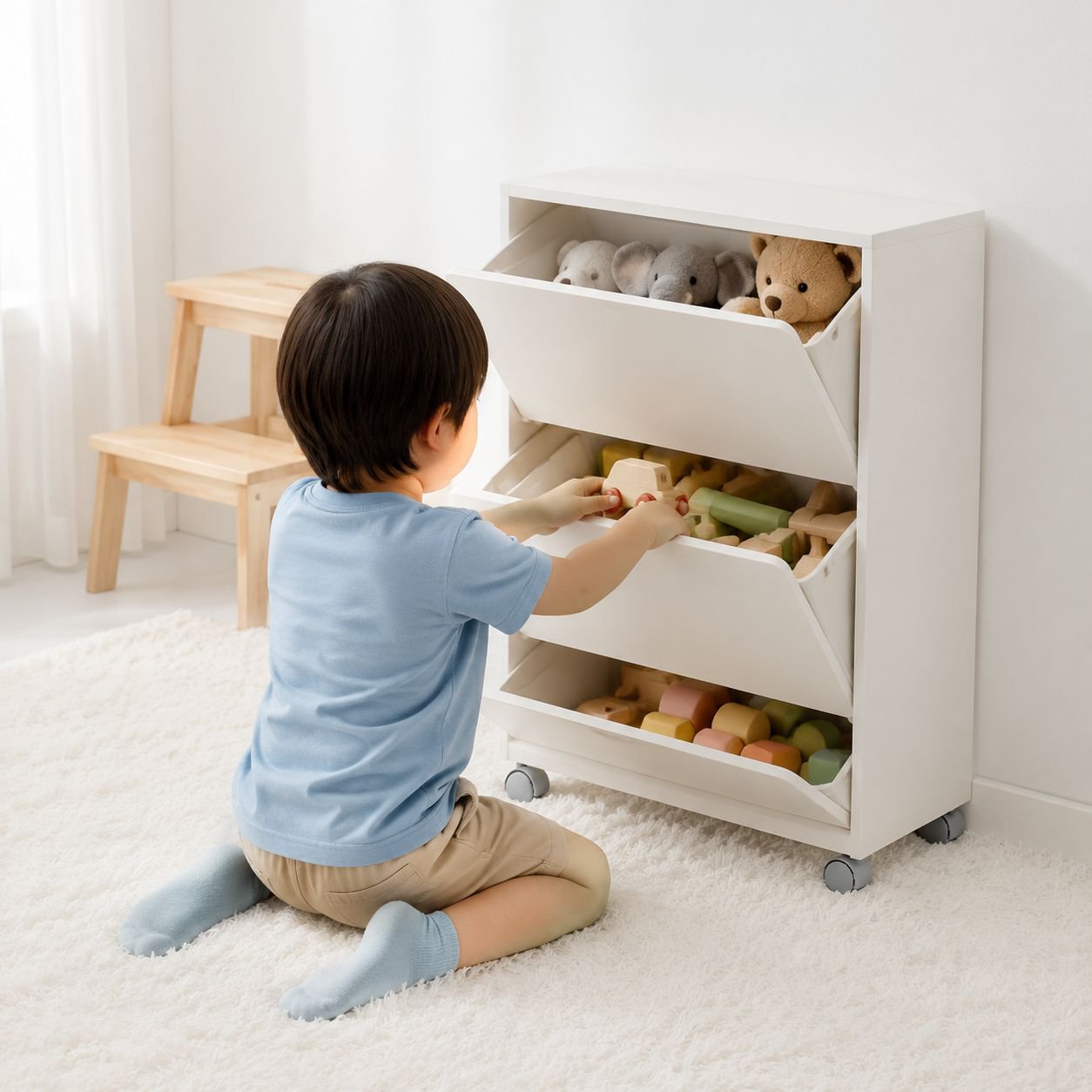 Home living room toy storage box with wheels in modern setting