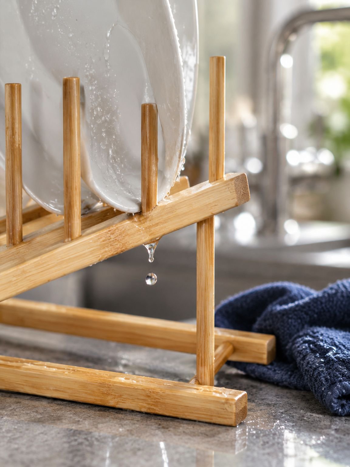 Escurridor y Organizador de Platos de Bambú para Cocina