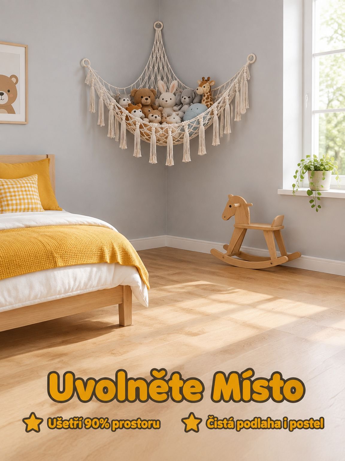 Pletená síťová houpací síť na plyšové hračky