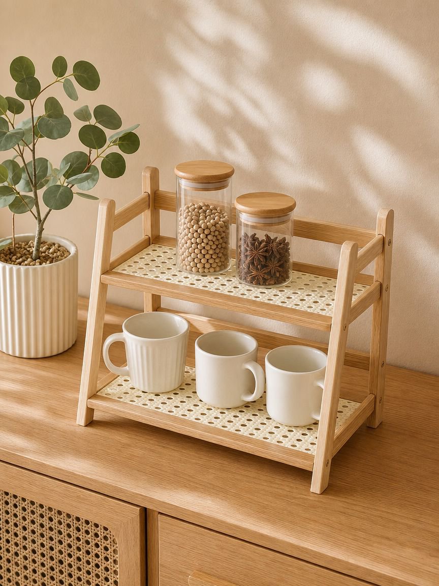 Cream multi-tier plastic rattan bookshelf for kitchen organization