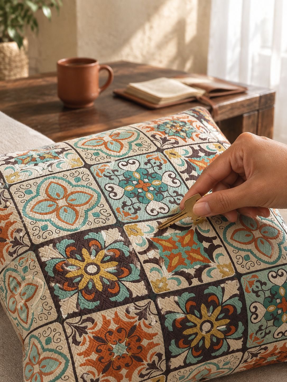 Cojín bohemio elegante en ambiente acogedor