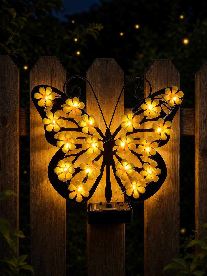 Weatherproof solar butterfly wall light illuminating patio