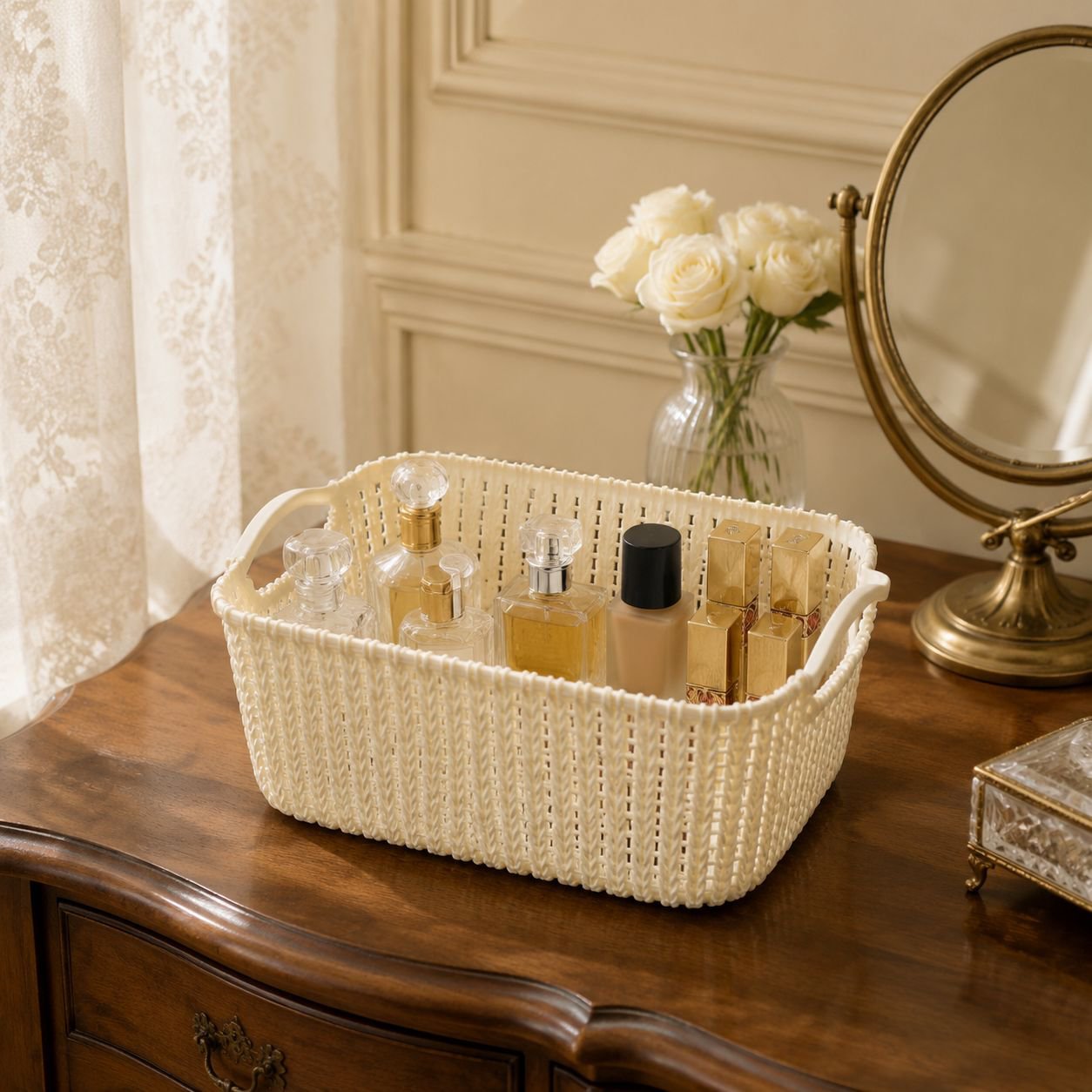 Panier de rangement de bureau en plastique effet rotin