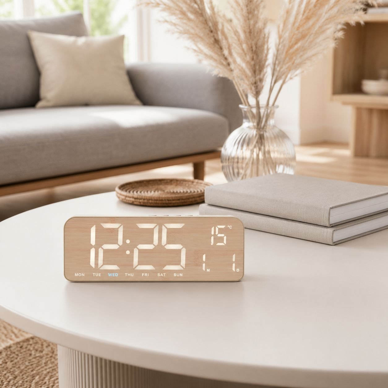 Woodgrain Fabric Nordic Table Clock with Large LED Screen, Date and Weekday Function