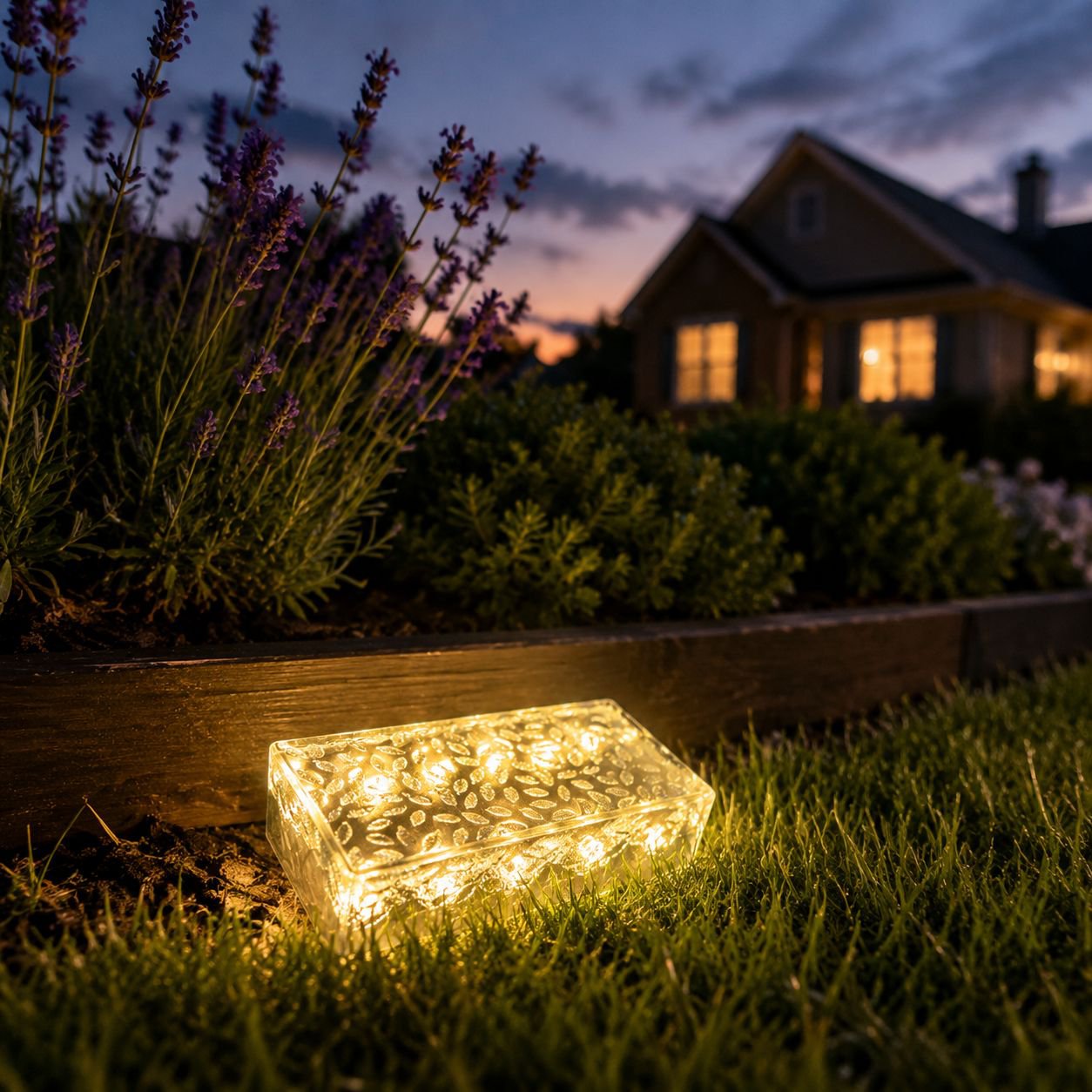 Outdoor solar ice brick light illuminating garden pathway