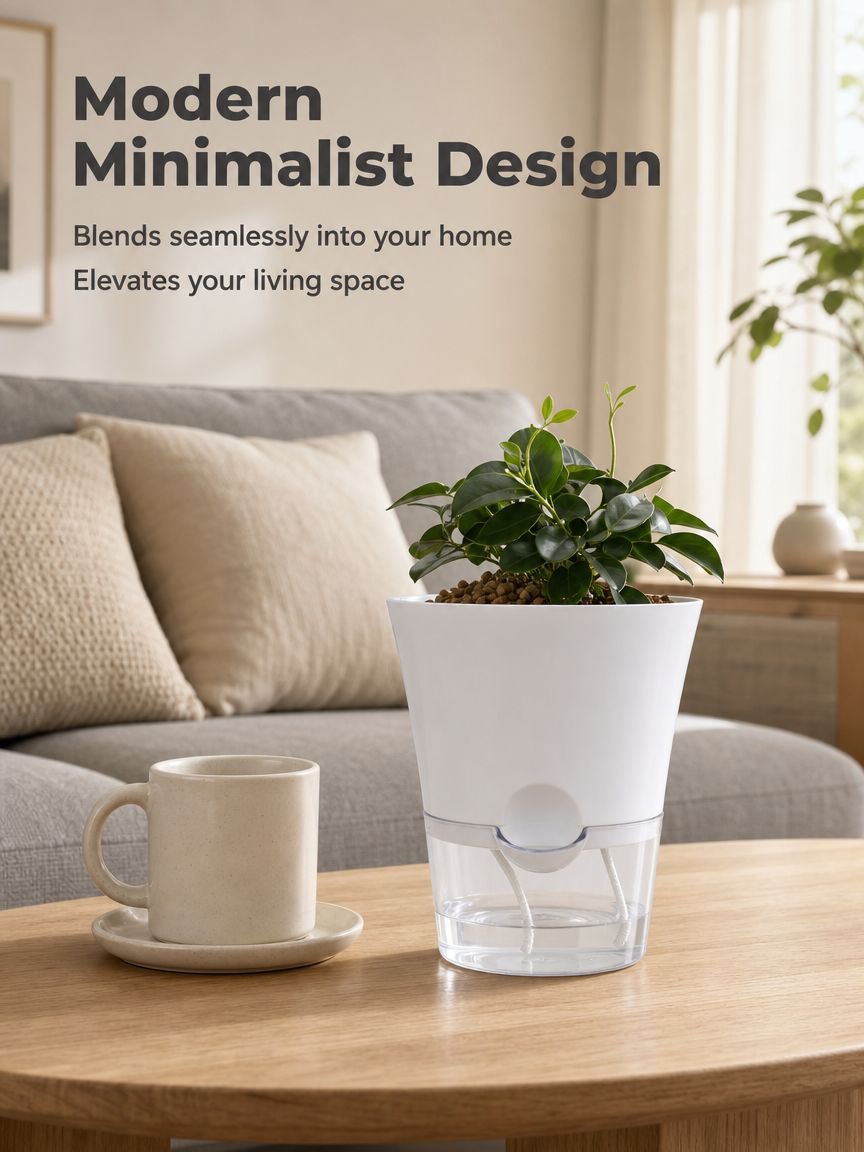 Self-Watering Lazy Flower Pot on a windowsill with green plants